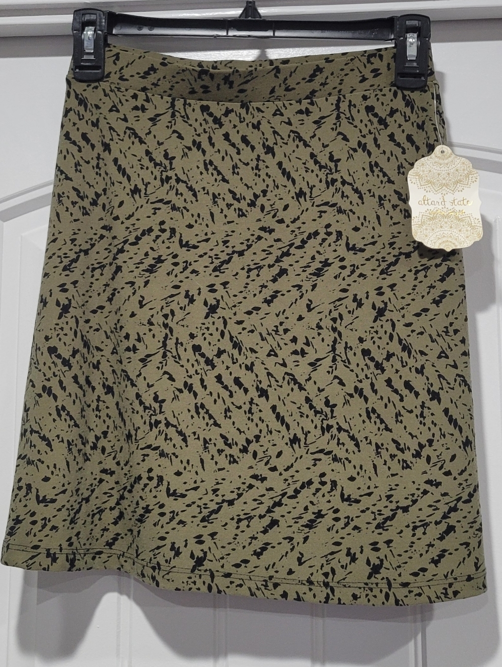 Altar'd State Olive Green Mini Skirt with Black Abstract Print